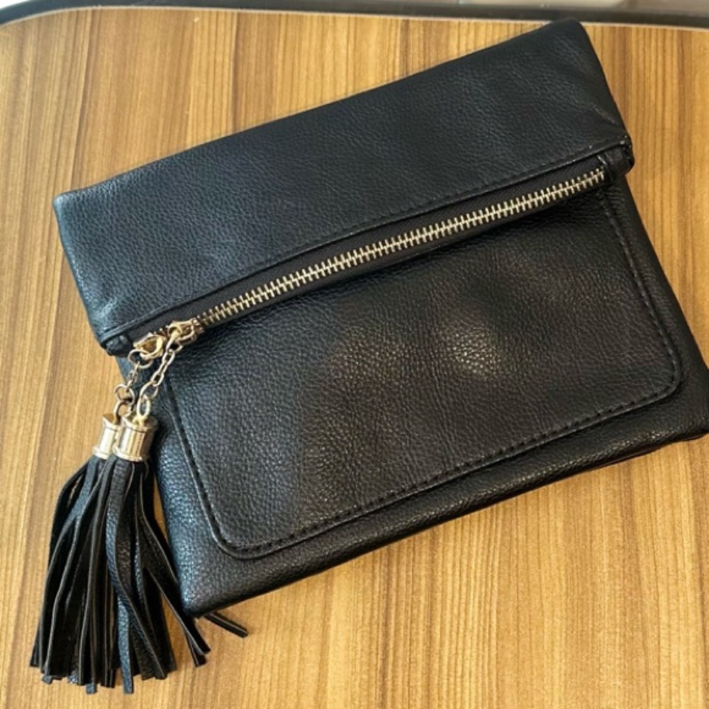 Black Leather Clutch with Tassel